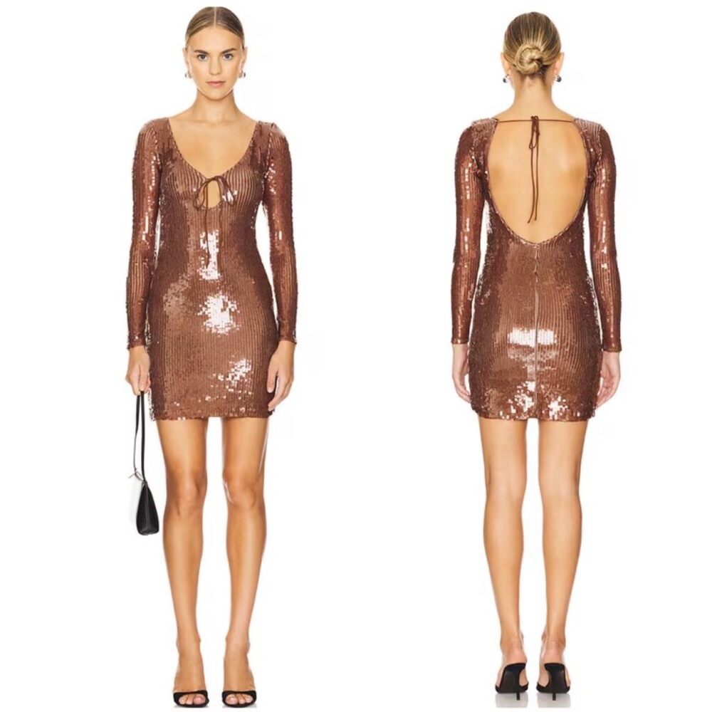 Bardot Copper Sequin Long-Sleeve Backless Mini Dress